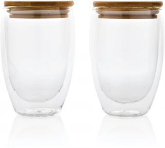 Kaksiseinäinen borosilikaattilasi bambukannella 350ml 2kpl setti