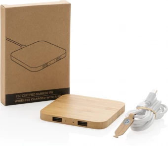 FSC®-sertifioitu bambusta valmistettu 5W langaton laturi USB:llä, ruskea