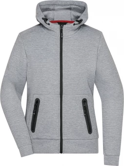 Kapuutsiga jope, millel on moekad detailid ja melange välimus