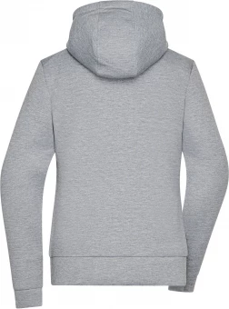 Kapuutsiga jope, millel on moekad detailid ja melange välimus