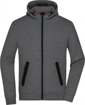 Kapuutsiga jope, millel on moekad detailid ja melange välimus