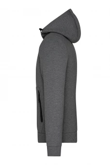 Kapuutsiga jope, millel on moekad detailid ja melange välimus