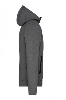 Kapuutsiga jope, millel on moekad detailid ja melange välimus