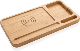 Bambusta valmistettu työpöydän järjestelijä 10W langattomalla laturilla