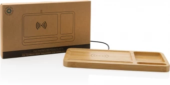 Bambusta valmistettu työpöydän järjestelijä 10W langattomalla laturilla