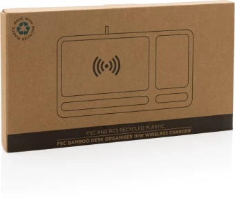 Bambusta valmistettu työpöydän järjestelijä 10W langattomalla laturilla