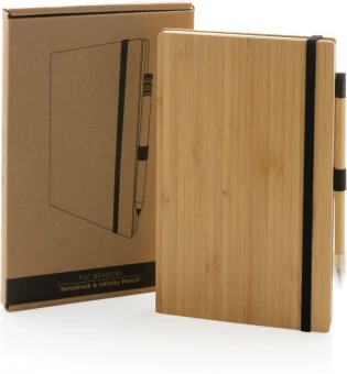 Bambusta valmistettu muistikirja ja loputon kynäsetti