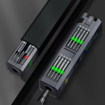 SCX.design T20 30-osainen ruuvimeisseli- ja korjaussarja alumiinikotelossa.