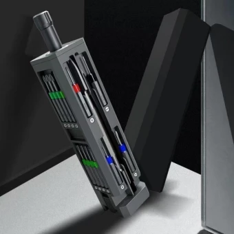 SCX.design T20 30-osainen ruuvimeisseli- ja korjaussarja alumiinikotelossa.