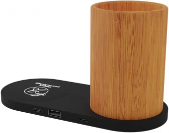 SCX.design W17 10W valgustatud logoga traadita laadija ja bambusest pliiatsihoidja