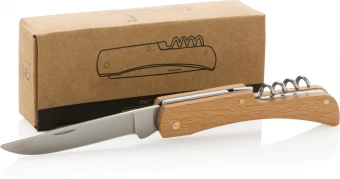 Puinen veitsi pullonavaajalla