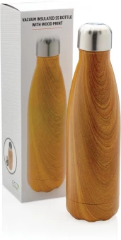 Tyhjiöpullo ruostumattomasta teräksestä puupainatuksella