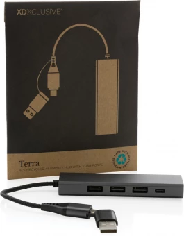Terra RCS kierrätysalumiinista valmistettu hubi, jossa on 3 USB-porttia
